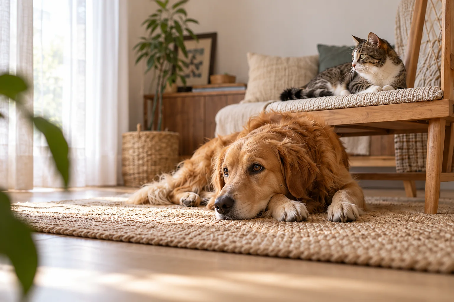 Un perro golden retriever descansa sobre una alfombra y un gato reposa en un banco de madera, en un hogar luminoso.