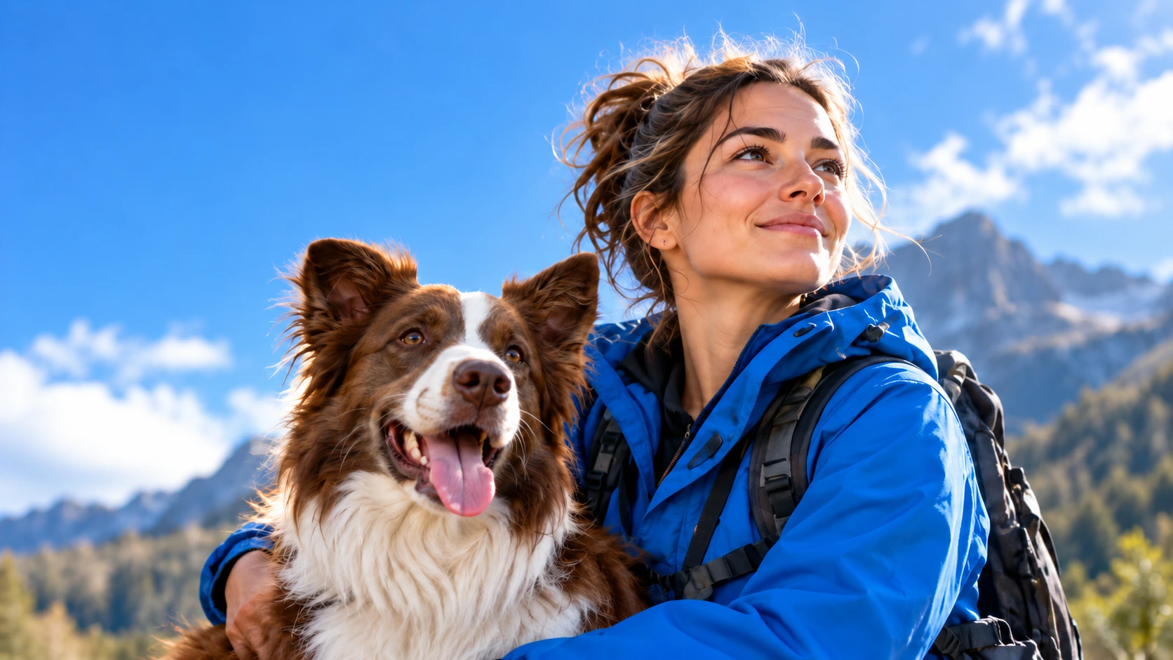 Una joven con su border collie en la montaña